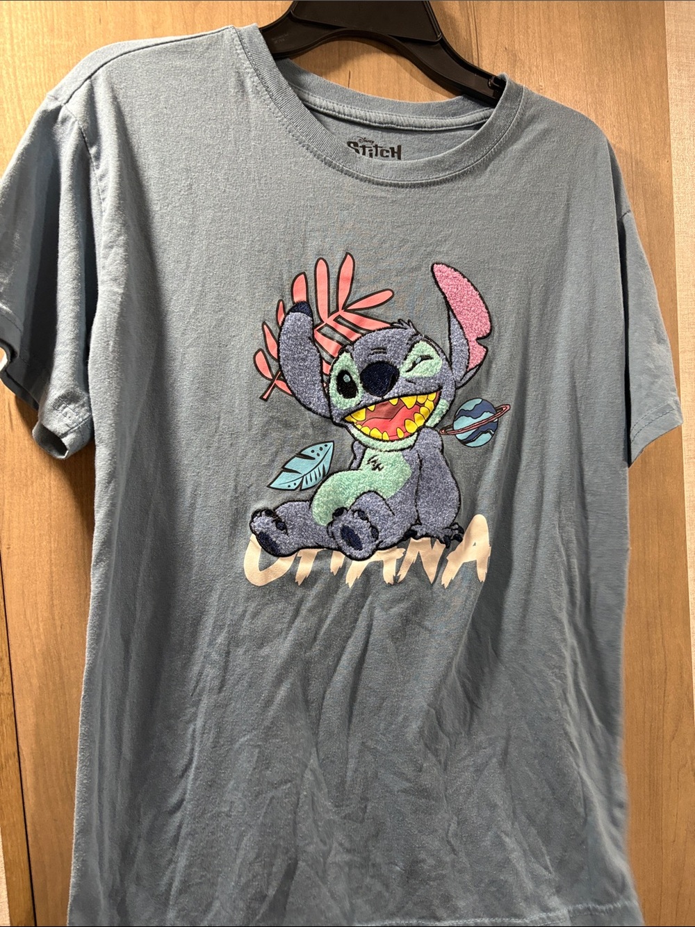 Disney Light Blue Stitch Graphic Tee with Multicolor Embroidery